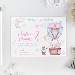 かわいい動物の風船 ファンシーな誕生日 招待状