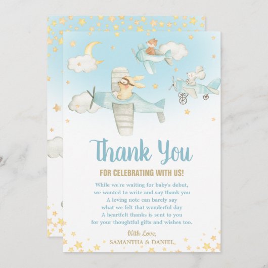 かわいい動物の飛行機がスターズベビーシャワー誕生日 サンキューカード (正面/裏面)