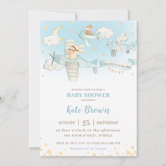 かわいい動物の飛行機が星をつくるスカイベイビーシャワーボーイ 招待状 (正面)