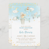 かわいい動物の飛行機が星をつくるスカイベイビーシャワーボーイ 招待状 (正面/裏面)