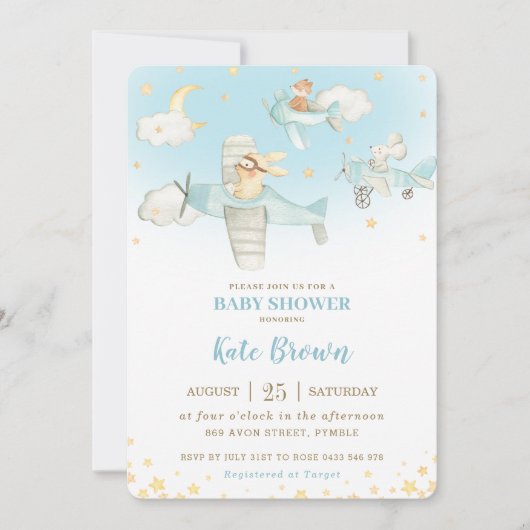 かわいい動物の飛行機が星をつくるスカイベイビーシャワーボーイ 招待状 (正面)