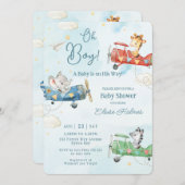 かわいい動物の飛行機アドベンチャーオーボーイベビーシャワー 招待状 (正面/裏面)