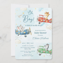 かわいい動物の飛行機アドベンチャーオーボーイベビーシャワー 招待状