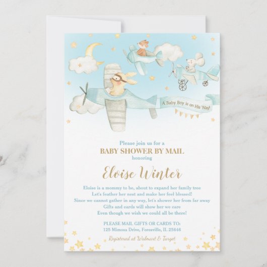かわいい動物の飛行機飛行機ベビーシャワー（郵便） 招待状 (正面)