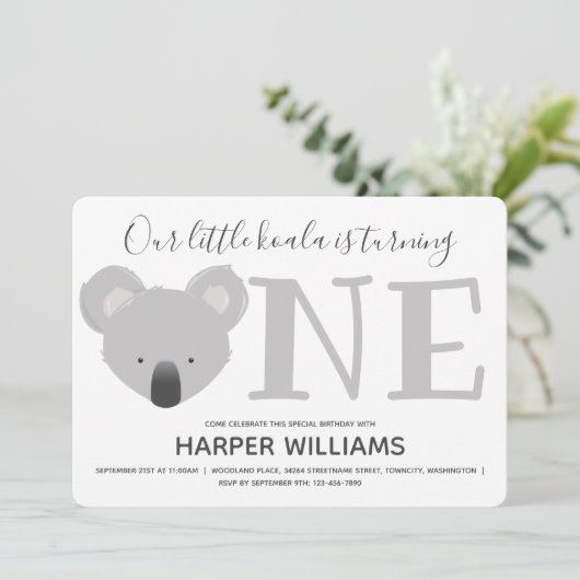 かわいい動物ひとときを回すコアラ1回目の誕生日 招待状 (スタンド正面)