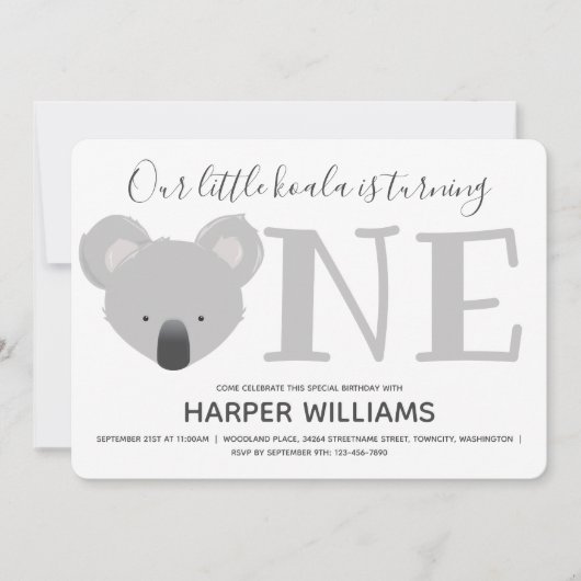 かわいい動物ひとときを回すコアラ1回目の誕生日 招待状 (正面)
