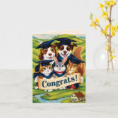 かわいい動物を大学で卒業して祝う カード (黄色い花)