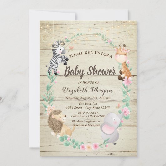 かわいい動物ウッドテクスチャベビーシャワー招待状 招待状 (正面)