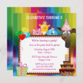 かわいい動物カラフルの女の子の誕生会 招待状 (正面/裏面)