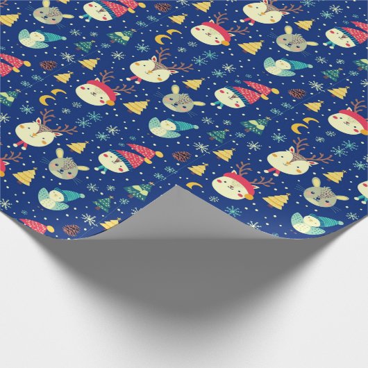 かわいい動物クリスマスツリーブルークリスマス ラッピングペーパー (角)