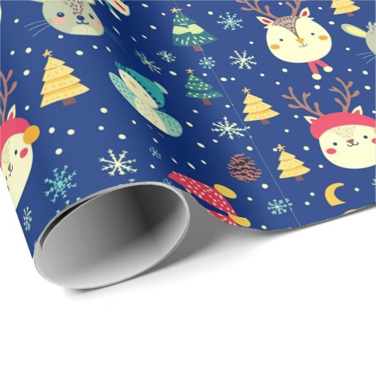 かわいい動物クリスマスツリーブルークリスマス ラッピングペーパー (ロールコーナー)