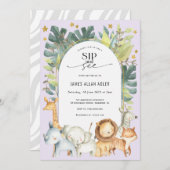 かわいい動物サファリのベビーガールが飲んで見る 招待状 (正面/裏面)