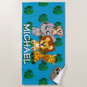 かわいい動物サファリの漫画ジャングル名ブルー ビーチタオル (正面)