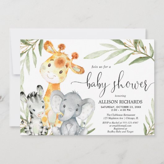 かわいい動物サファリ男女兼用ーベビーシャワー 招待状 (正面)