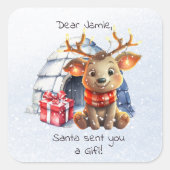 かわいい動物サンタのトナカイ雪の結晶キッドクリスマス スクエアシール (正面)