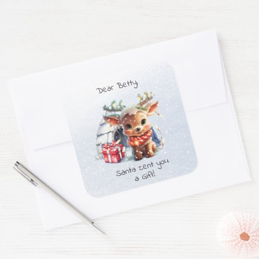 かわいい動物サンタのトナカイ雪の結晶キッドクリスマス スクエアシール (封筒)