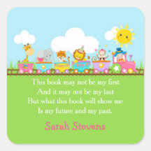 かわいい動物サーカス列車のピンクのブックプレートステッカー