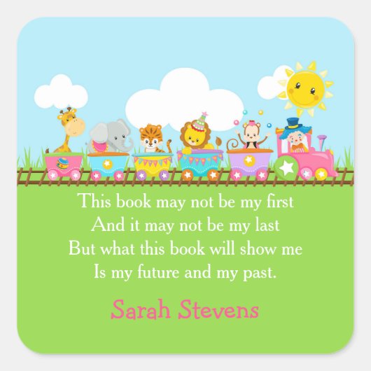 かわいい動物サーカス列車のピンクのブックプレートステッカー スクエアシール (正面)