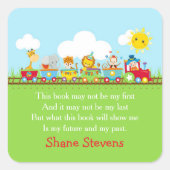 かわいい動物サーカス列車の赤いブックプレートステッカー スクエアシール (正面)