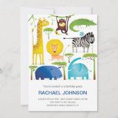 かわいい動物ジャングルおもしろい誕生日キッズブルー 招待状 (正面)