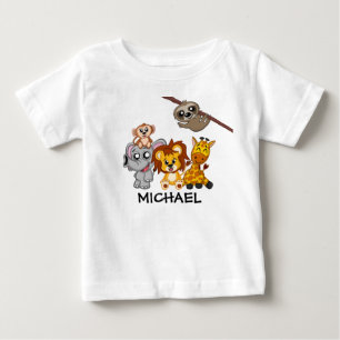 かわいい動物ジャングル風の漫画動物園サファリの名前 ベビーTシャツ