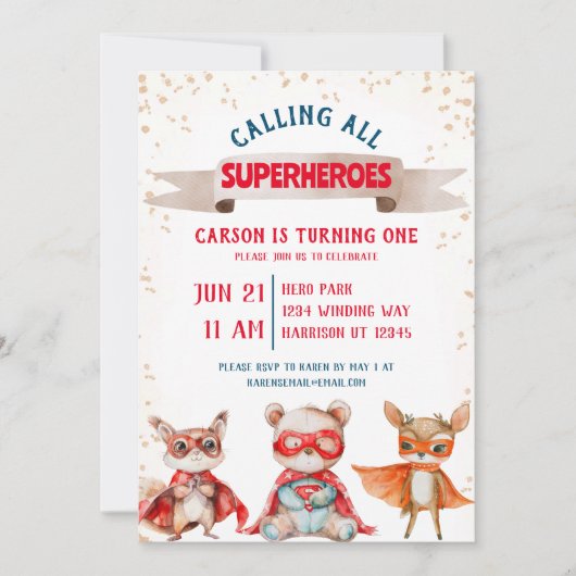 かわいい動物スーパーヒーローファースト誕生日 招待状 (正面)