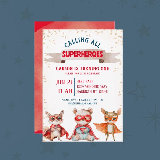 かわいい動物スーパーヒーローファースト誕生日 招待状