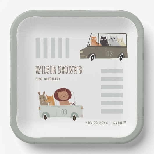 かわいい動物ズインザカーシティロード子供の誕生日 ペーパープレート (正面)