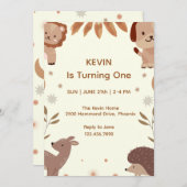 かわいい動物テーマファースト誕生日招待状 招待状 (正面/裏面)