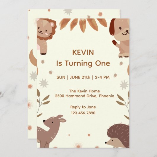 かわいい動物テーマファースト誕生日招待状 招待状 (正面/裏面)