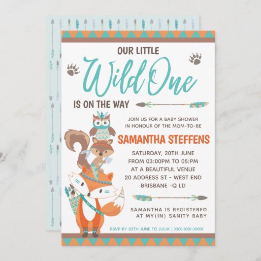 かわいい動物トーテムワイルドワンベビーシャワー 招待状 (正面/裏面)