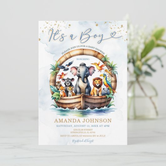 かわいい動物ノアの箱舟の赤ちゃんシャワー 招待状 (スタンド正面)