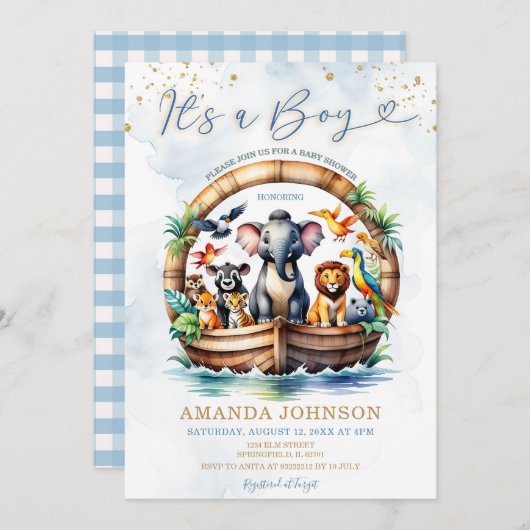かわいい動物ノアの箱舟の赤ちゃんシャワー 招待状 (正面/裏面)
