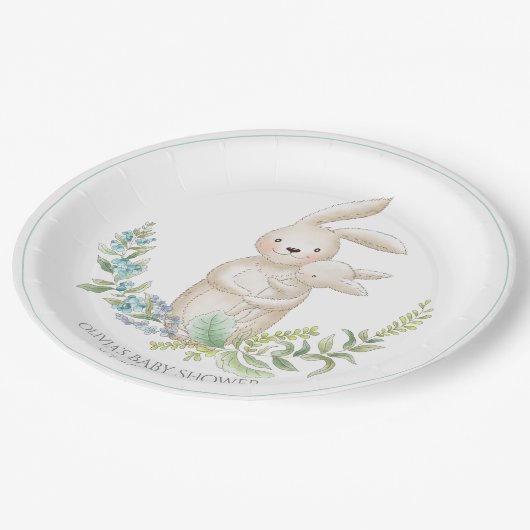 かわいい動物バニーパーソナライズされたグリーンベビーシャワー ペーパープレート (アングル)