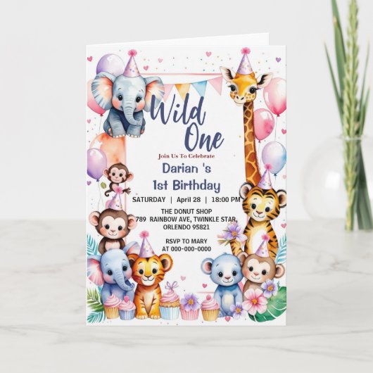 かわいい動物バルーン男の子1歳の誕生日おめでとう 招待状 (正面)