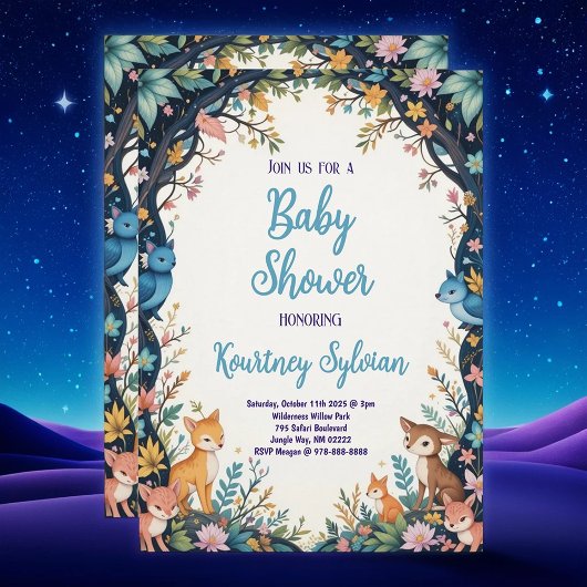 かわいい動物パステルフローラウッドランドベビーシャワー 招待状