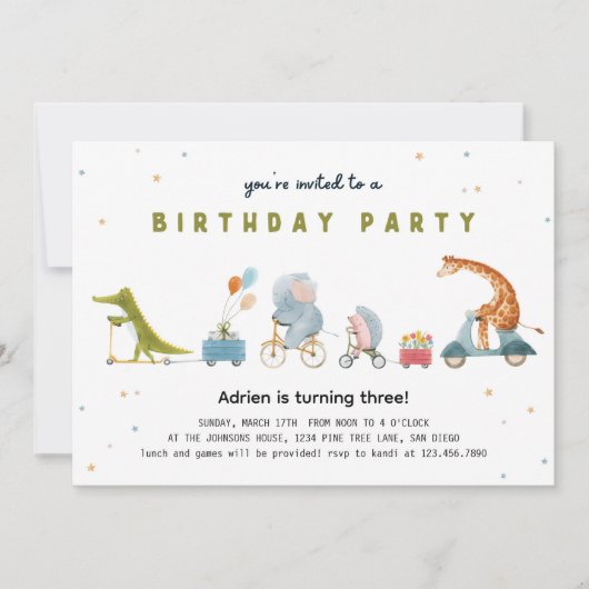 かわいい動物パレードパーティー誕生日 招待状 (正面)