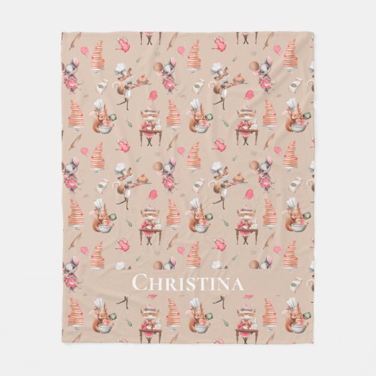 かわいい動物パンケーキ工場ブラウン名前をカスタムする フリースブランケット (正面)