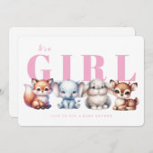 かわいい動物ピンクの女の子ベビーシャワー招待状 招待状 (正面/裏面)