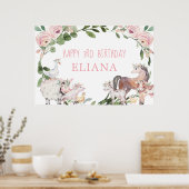 かわいい動物ピンクの緑の歓迎サイン ポスター (キッチン)