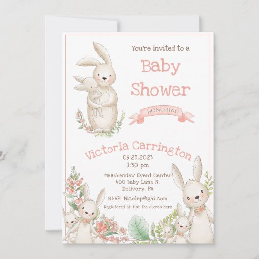 かわいい動物ピンク赤ちゃんシャワー招待状 招待状 (正面)