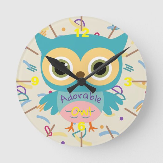 かわいい動物フクロウヴィンテージキッズ子供部屋パステルガール ラウンド壁時計 (正面)