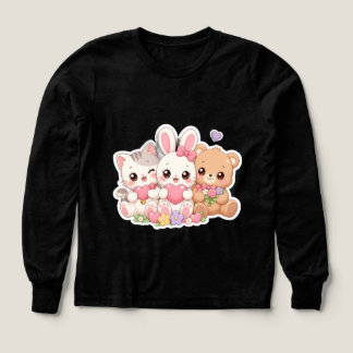 かわいい動物フレンド ハート 花 パステルTシャツ