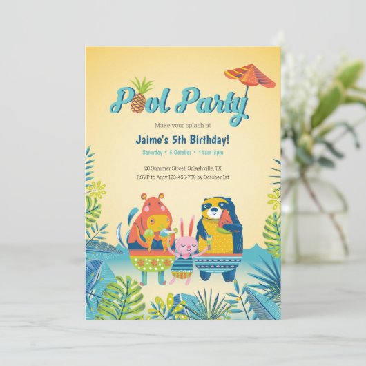 かわいい動物プールパーティー誕生日招待状 招待状 (スタンド正面)