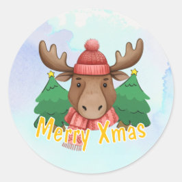 かわいい動物ヘラジカ青い水彩画メリークリスマス ラウンドシール