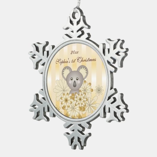 かわいい動物ベビーコアラ金ゴールドエフェクトストライプキッズ スノーフレークピューターオーナメント (右)