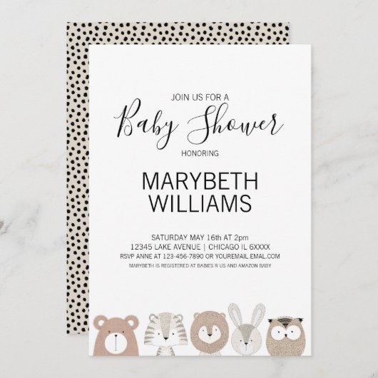 かわいい動物ベビーシャワーパーティの招待状カード 招待状 (正面/裏面)