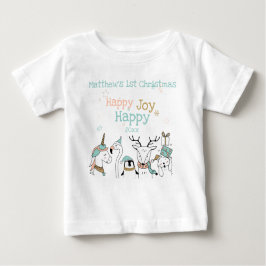 かわいい動物ベビー第1回クリスマスハッピージョイ ベビーTシャツ