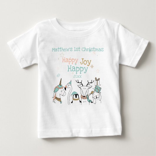 かわいい動物ベビー第1回クリスマスハッピージョイ ベビーTシャツ (正面)