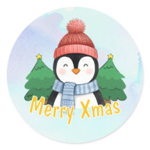 かわいい動物ペンギンのブルーウォーターカラーのメリークリスマス
